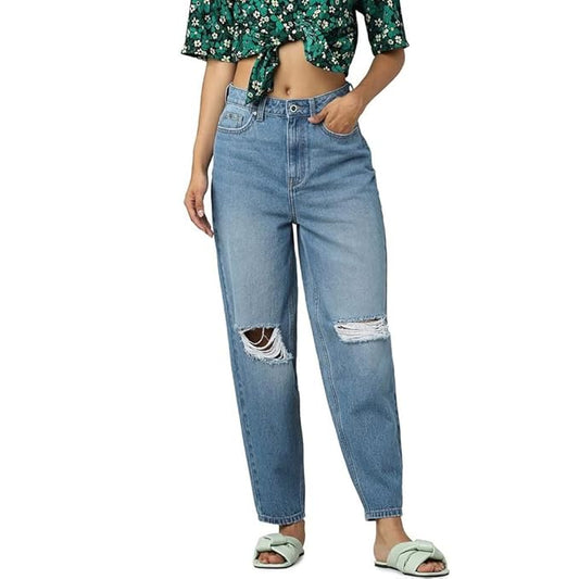 ONLY Women High Rise Relaxed Fit Highly Distressed|Light Fade Jeans