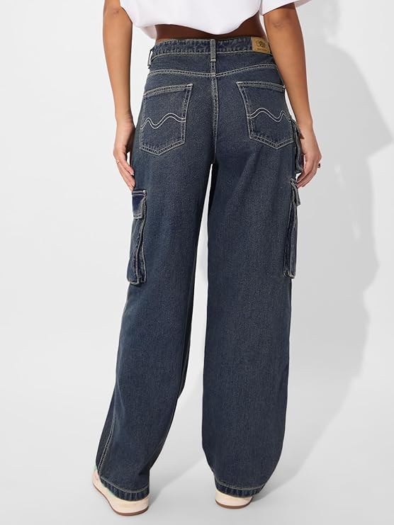 The Souled Store Cargo Jeans: Deep Blue Women and Girls Buttoned Cotton Blend Baggy Fit Jeans