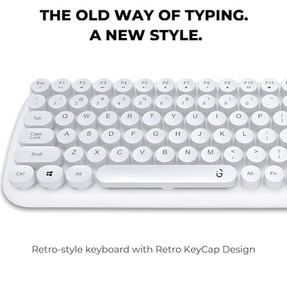 iGear KeyBee Retro Typewriter Inspired 2.4GHz Wireless Keyboard with Mouse Combo for Desktop/Laptop and Devices with USB Support, Single Nano Receiver, Round Keycaps, Cleaning Brush (White) (White)