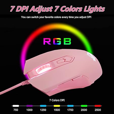 Lomiluskr AJ52 Gaming Mouse Wired, 7 Programmable Buttons, Computer Mice with RGB LED Backlit, 200-4800 DPI Adjustable,for Windows/Mac OS/Linux (Pink)