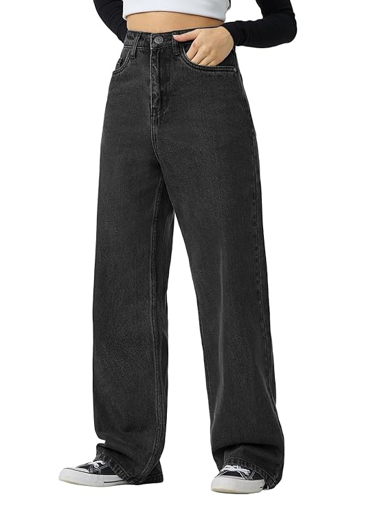 The Souled Store Solids: Charcoal Women and Girls Buttoned Cotton Straight Fit Jeans