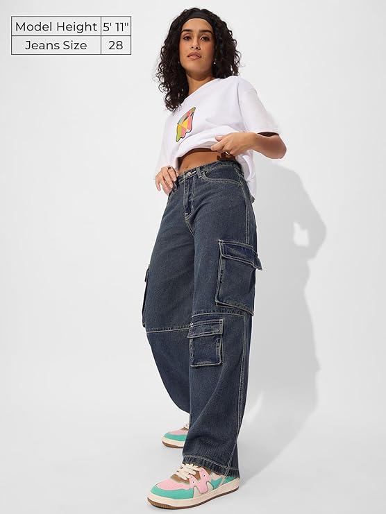 The Souled Store Cargo Jeans: Deep Blue Women and Girls Buttoned Cotton Blend Baggy Fit Jeans