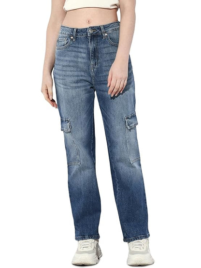 ONLY Women's Cargo Denim Jeans | High Rise Stretchable Straight-Fit Denim| Boyfriend Jeans for Women