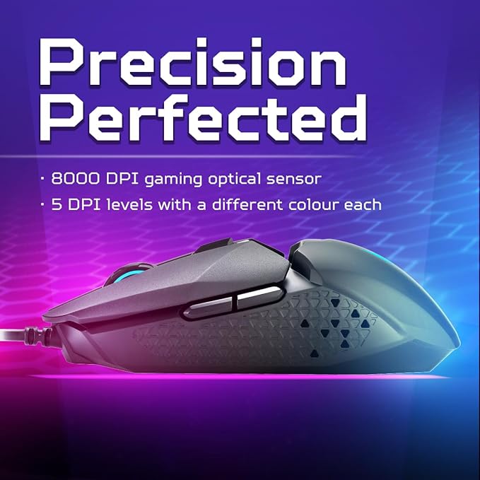 Acer Predator Cestus 327 Multi-Grip Design Wired Gaming Mouse (8000 DPI/150 IPS/6 Buttons/5-level DPI Settings with 5 LED Color/ELAN OM36 Sensor/1000Hz Polling Rate) with 20M Click Lifespan, Black