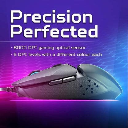 Acer Predator Cestus 327 Multi-Grip Design Wired Gaming Mouse (8000 DPI/150 IPS/6 Buttons/5-level DPI Settings with 5 LED Color/ELAN OM36 Sensor/1000Hz Polling Rate) with 20M Click Lifespan, Black