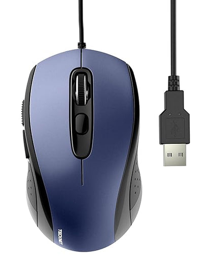 TECKNET USB Wired Mouse, 3600DPI Corded Computer Mouse with 4 Adjustable Levels, 6-Button 5FT Cord Ergonomic Mice, Home and Office Mouse for Laptop PC Desktop Notebook - Blue