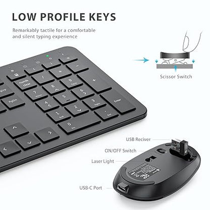 iClever GK08 Wireless Keyboard and Mouse Set, Rechargeable Wireless Keyboard Ergonomic Full Size Design with Number Pad, 2.4G Stable Connection for Windows, Mac OS Computer, Black