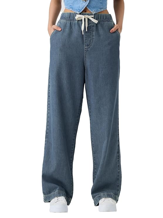 The Souled Store Pull on Denim: Mid Blue Women and Girls Drawstringed Solid Cotton Blend Straight Fit Jeans