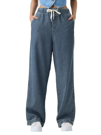 The Souled Store Pull on Denim: Mid Blue Women and Girls Drawstringed Solid Cotton Blend Straight Fit Jeans
