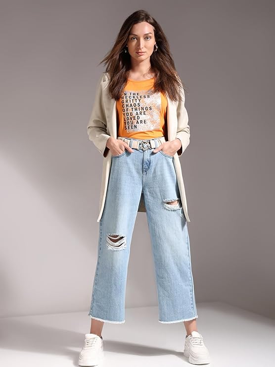 VERO MODA Women Cotton Wide Leg High-Rise Mildly Distressed Heavy Fade Cropped Jeans