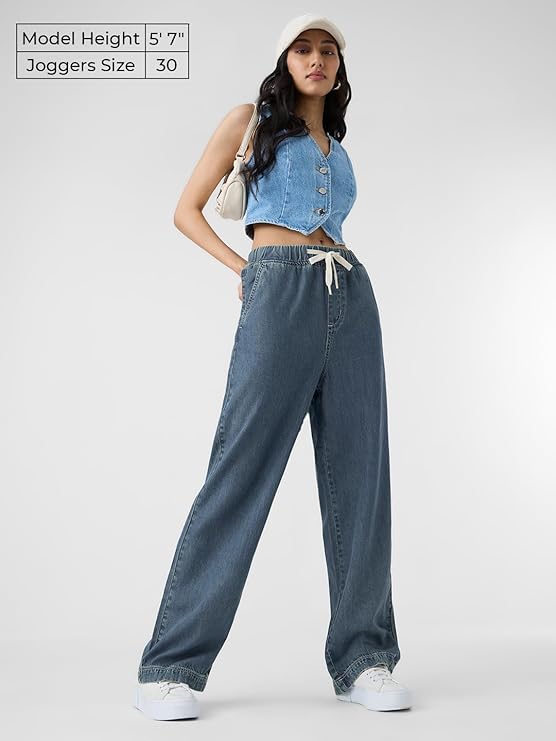 The Souled Store Pull on Denim: Mid Blue Women and Girls Drawstringed Solid Cotton Blend Straight Fit Jeans