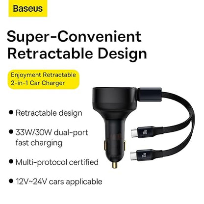 USB C Car Charger, Baseus Retractable Type C Car Charger 2-in-1 Car Charger 33W, Fast Car Charger Adapter