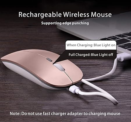 Picktech Q5 Slim Rechargeable Wireless Mouse, 2.4G Portable Optical Silent Ultra Thin Wireless Computer Mouse with USB Receiver and Type C Adapter, Compatible with PC, Laptop, Desktop (Rose Gold)