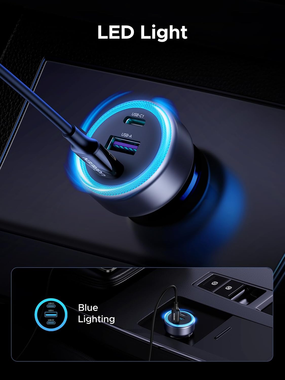 UGREEN 30W Car Charger, 3 Ports Fast Charging Cigarette Lighter Adapter, PD 30W/PPS 25W/SCP 22.5W