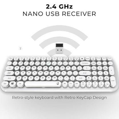 iGear KeyBee Retro Typewriter Inspired 2.4GHz Wireless Keyboard with Mouse Combo for Desktop/Laptop and Devices with USB Support, Single Nano Receiver, Round Keycaps, Cleaning Brush (White) (White)