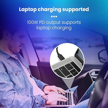 Toreto Turbo Ultra 120W Fast Charging Laptop/Mobile Car Charger (Quick Charge + PD) with 3 Ports Compatible with All Cars, Type C Cable Included(Grey)