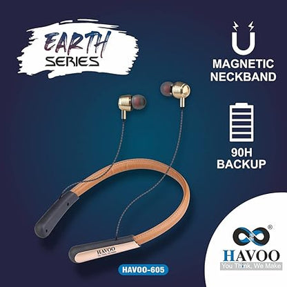 HAVOO EARTH 605 Wireless Bluetooth Leather Belt Headphones with Bass Sound [Lightweight Neckband, up to 90 Hrs Playback time.