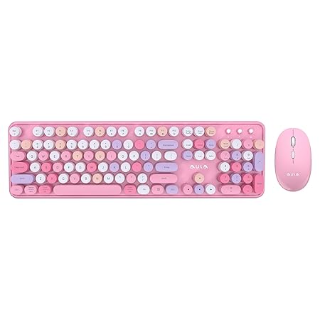 Aula AC306 Wireless Keyboard with Retro Keys and 1600 DPI Mouse Combo | 2.4GHz Wireless Keyboard with Mouse Combo for Desktop/Laptop and Devices with USB Support (Mix Pink)