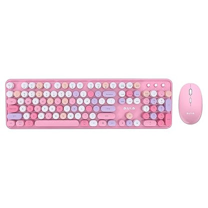 Aula AC306 Wireless Keyboard with Retro Keys and 1600 DPI Mouse Combo | 2.4GHz Wireless Keyboard with Mouse Combo for Desktop/Laptop and Devices with USB Support (Mix Pink)