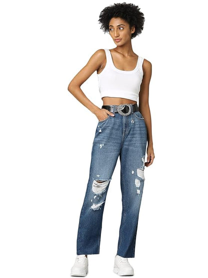 ONLY Women Mom Fit High-Rise Low Distress Light Fade Pure Cotton Jeans