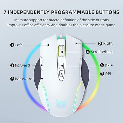PHNIXGAM Wired Gaming Mouse, Ergonomic RGB Computer Mouse with RGB Backlight, Adjustable DPI UP to 6400, 7 Programmable Buttons for Windows Vista Linux (White)