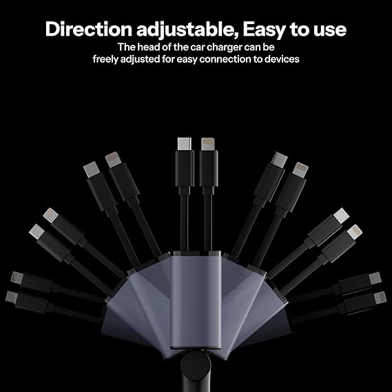 AILKIN 120W 4 in 1 Retractable Car Charger, Super Fast Charge Car Phone Charger, Retractable Cables & 2 USB Ports Car Adapter (Grey)