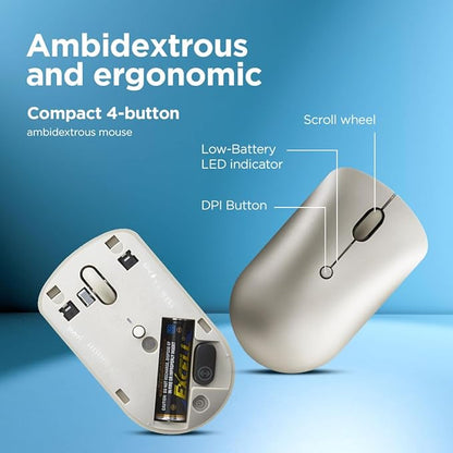 Lenovo 540 USB-C Compact Wireless Mouse (2400 DPI Sensor, 2.4GHz Wireless Nano USB, 4-Button (Left Click, Right Click, Scroll Click, DPI)|Ambidextrous Design|