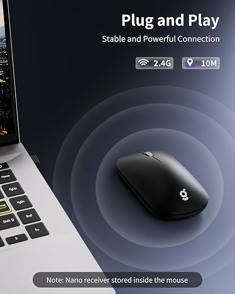 USB Wireless Mouse, 2.4G Silent Slim Cordless Computer Mouse with Metal Scroll, 1600 DPI & 24-Month Battery Life, Small Portable Optical Computer Mice for Windows macOS iPadOS Android Laptop PC