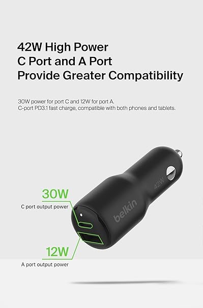 Belkin Dual USB-C Car Charger, 42W (12W+30W) PD, Black