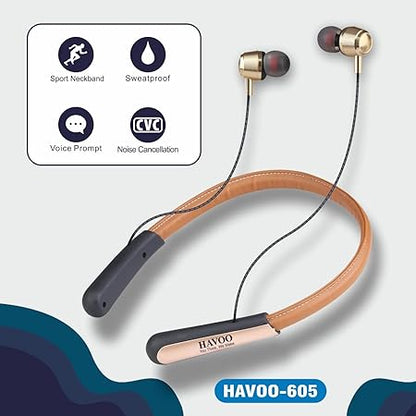 HAVOO EARTH 605 Wireless Bluetooth Leather Belt Headphones with Bass Sound [Lightweight Neckband, up to 90 Hrs Playback time.