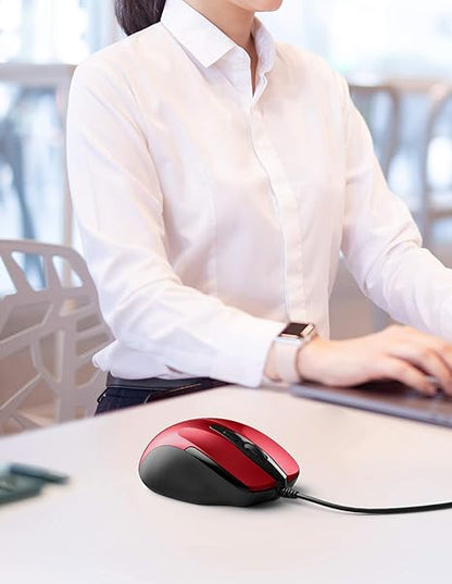 TECKNET USB Wired 6-Button Mouse With 4 Adjustable DPI, Optical Computer With Ergonomic Design and 5FT Cord for Laptop, Chromebook, PC, Desktop, Mac, Notebook - Red