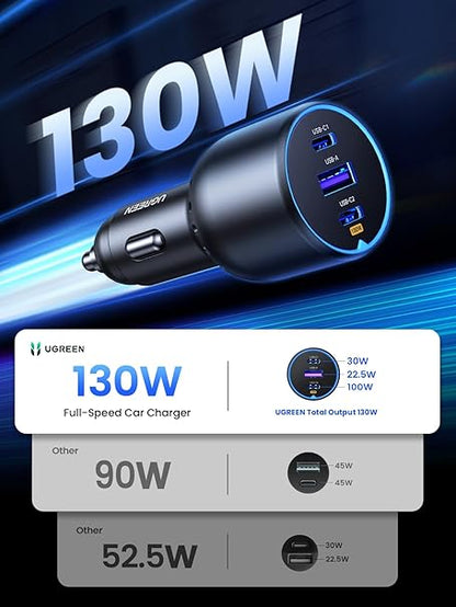 UGREEN 130W Laptop USB C Car Charger Fast Charging, 3 Ports Cigarette Lighter Adapter, PD3.0/QC4.0/PPS 45W (Black)
