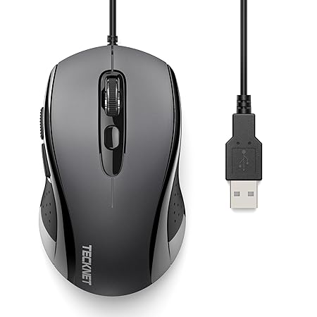 TECKNET Wired Mouse, USB Wired Computer Mouse, 3600DPI 4 Adjustable Levels, 6-Button Ergonomic Mice, Home and Office Mouse for Laptop PC Desktop Notebook - Grey