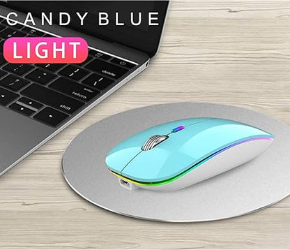 Uiosmuph LED Wireless Silent Mouse, G12 Slim Rechargeable, 2.4G Portable USB Optical Computer Mice with USB Receiver and Type C Adapter (Blue)