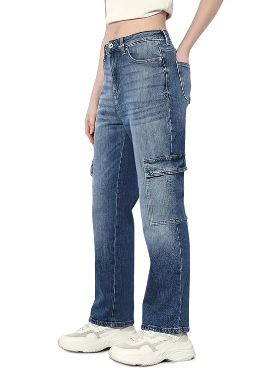 ONLY Women's Cargo Denim Jeans | High Rise Stretchable Straight-Fit Denim| Boyfriend Jeans for Women