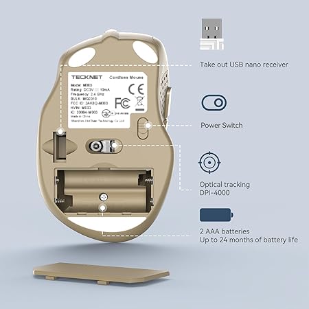 TECKNET Wireless Mouse, 2.4G Ergonomic Optical Mouse, Computer Mouse for Laptop, PC, Computer, Chromebook, Notebook, 6 Buttons, 24 Months Battery Life, 4000 DPI, 6 Adjustment Levels