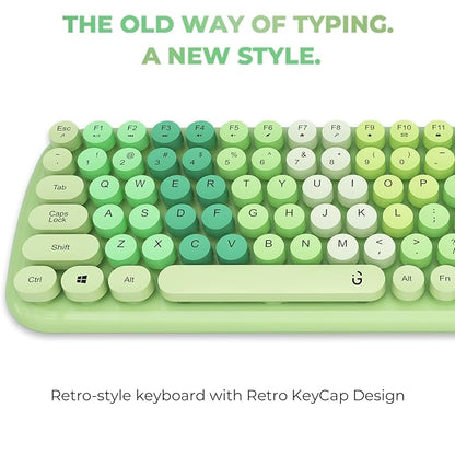 iGear KeyBee Retro Typewriter Inspired 2.4GHz Wireless Keyboard with Mouse Combo for Desktop/Laptop and Devices with USB Support, Single Nano Receiver, Round Keycaps, Cleaning Brush (White) (Green)