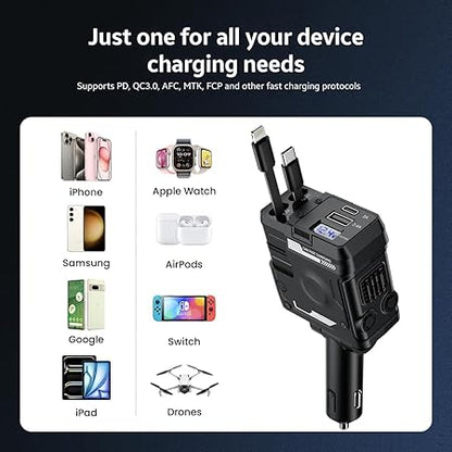 AMPERE 66W Retractable Car Charger - 4 in 1 Fast Car Charger with USB-C & Lightning Cables & Dual USB Ports (Type-C PD & USB-A)