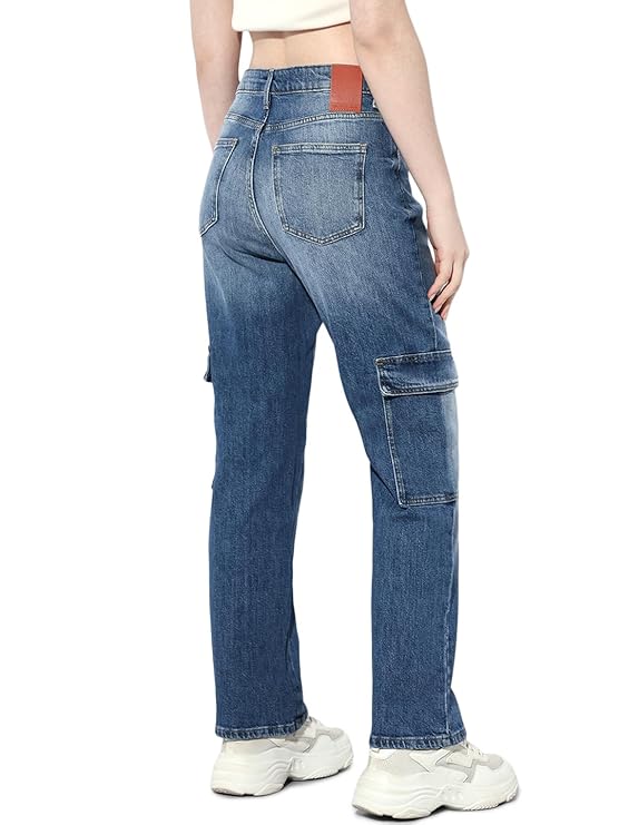 ONLY Women's Cargo Denim Jeans | High Rise Stretchable Straight-Fit Denim| Boyfriend Jeans for Women