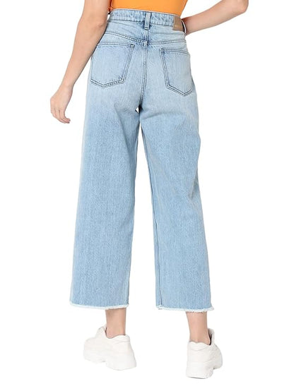 VERO MODA Women Cotton Wide Leg High-Rise Mildly Distressed Heavy Fade Cropped Jeans