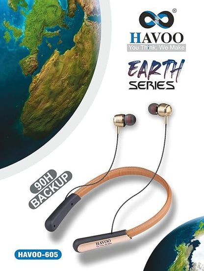 HAVOO EARTH 605 Wireless Bluetooth Leather Belt Headphones with Bass Sound [Lightweight Neckband, up to 90 Hrs Playback time.