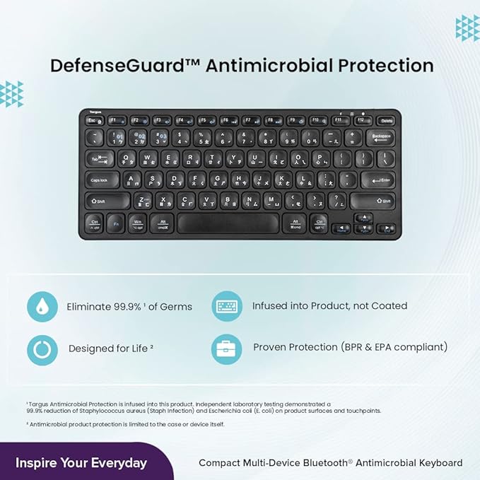 Targus AKB862 Compact Multi-Device Bluetooth® 5.1 Keyboard (Black),DefenseGuard™ Antimicrobial Protection*,Multi-Device connectivity for up to 3 Devices,for Windows/Mac/Android/Laptop/PC/Tablet/Phone
