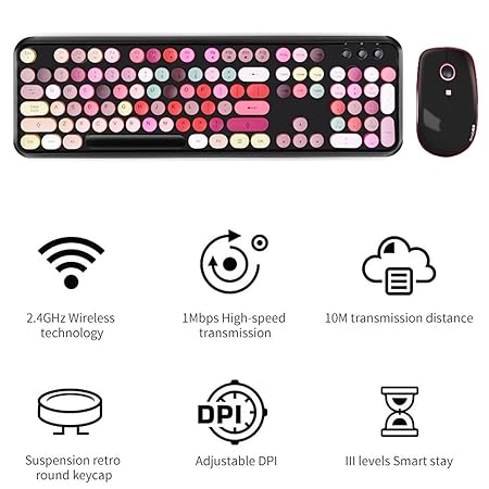 SADES V2020 Wireless Keyboard with Round Keycaps,2.4GHz Dropout-Free Connection, Cute Wireless Moues for PC/Laptop/Mac