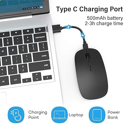 Suteke Wireless Mouse for MacBook Pro/Air/iMac/Surface Pro, Bluetooth 5.2/3.0, USB A/C, Black, Silent, Rechargeable, 10m Range, 1600 DPI, Modern Design