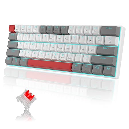60% Mechanical Gaming Keyboard, Grey&White Gaming Keyboard with Hot Swappable Linear Red Switches, Wired Detachable Type-C Cable Mini Keyboard with Powder Blue Backlight for Windows/Mac/PC/Laptop