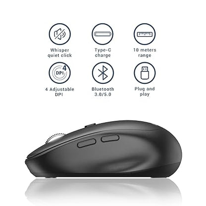iClever Wireless Mouse, MD165 Dual Mode Wireless Mouse, Bluetooth Type-C Rechargeable Mouse, 2.4G Wireless Computer Mice with USB Receiver, 3 Device Connection for Windows 7/8/10, Mac, iOS, Android