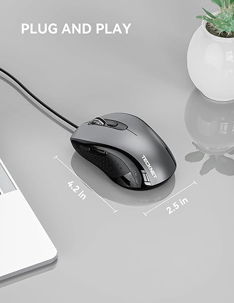TECKNET Wired Mouse, USB Wired Computer Mouse, 3600DPI 4 Adjustable Levels, 6-Button Ergonomic Mice, Home and Office Mouse for Laptop PC Desktop Notebook - Grey
