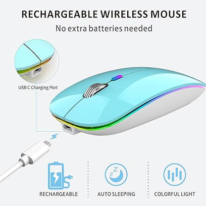 Uiosmuph LED Wireless Silent Mouse, G12 Slim Rechargeable, 2.4G Portable USB Optical Computer Mice with USB Receiver and Type C Adapter (Blue)