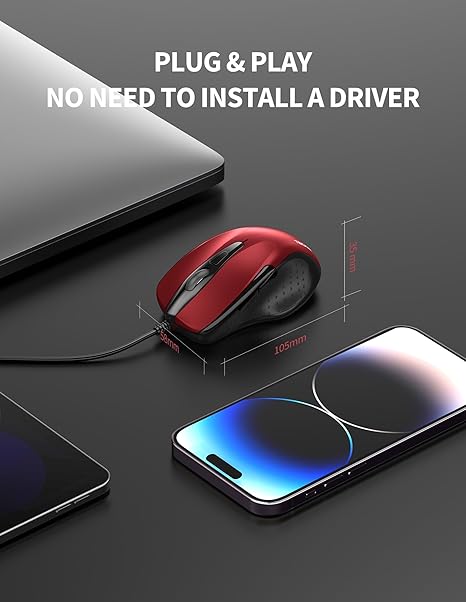 TECKNET USB Wired 6-Button Mouse With 4 Adjustable DPI, Optical Computer With Ergonomic Design and 5FT Cord for Laptop, Chromebook, PC, Desktop, Mac, Notebook - Red