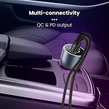 Toreto Turbo Ultra 120W Fast Charging Laptop/Mobile Car Charger (Quick Charge + PD) with 3 Ports Compatible with All Cars, Type C Cable Included(Grey)